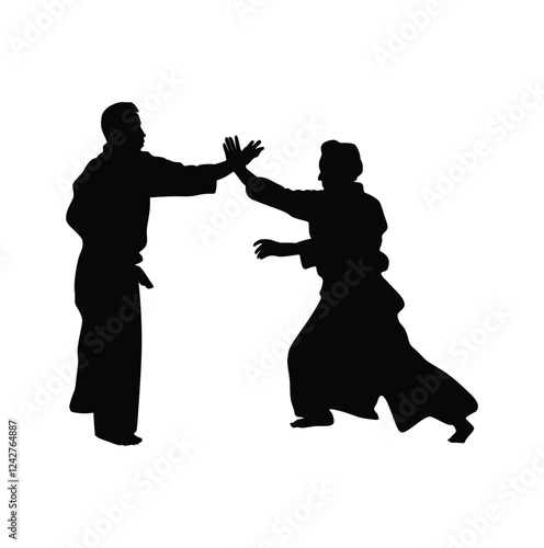 Fight between two aikido fighters vector illustration. Sparring on training action. Traditional self defense skills, martial art exercising concept. Aikido practice pose. Sparing duel demonstration.