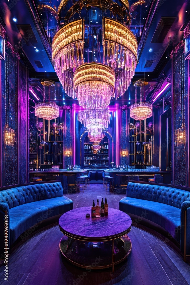 Obraz premium Luxurious lounge, purple lighting, crystal chandeliers, bottle service, opulent interior