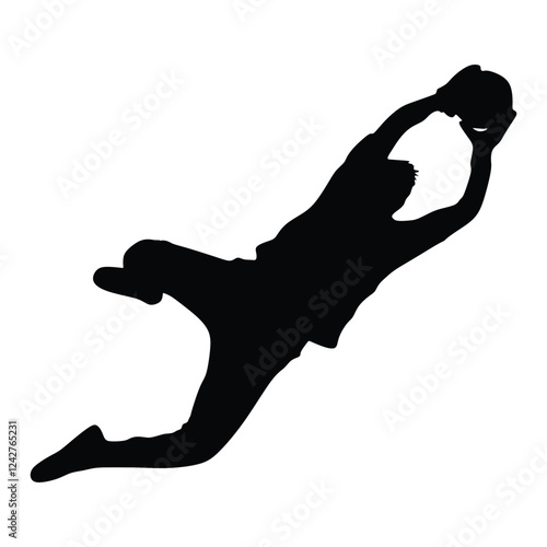 Soccer goalkeeper silhouette vector. Handball goalkeeper silhouette black. Football Goalkeeper icon and net isolated on white background. Defender sportsman position. Save penalty.