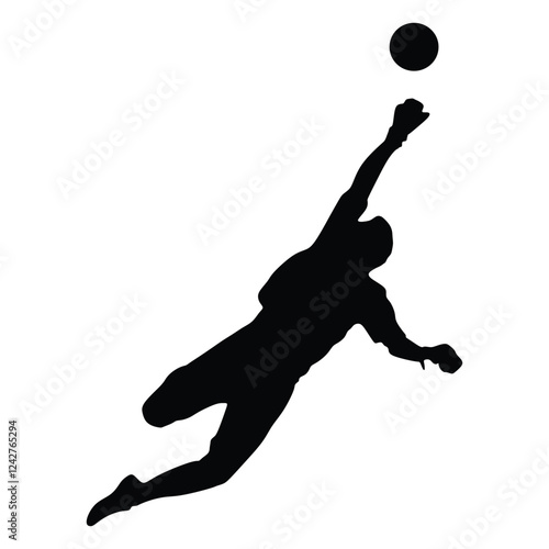 Soccer goalkeeper silhouette vector. Handball goalkeeper silhouette black. Football Goalkeeper icon and net isolated on white background. Defender sportsman position. Save penalty.