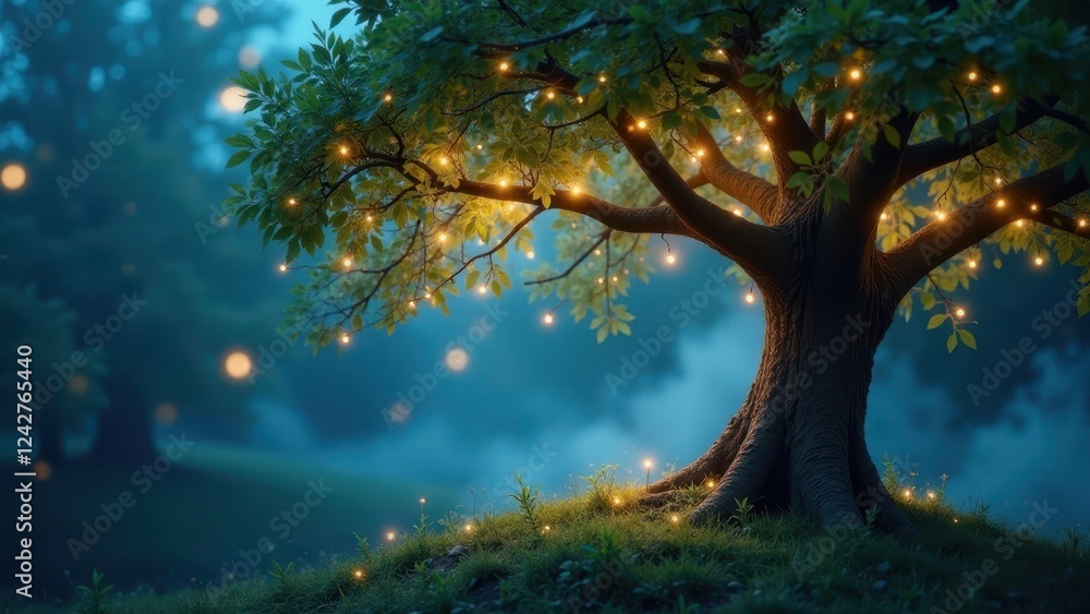 Enchanted Twilight A Majestic Tree Adorned with Fairy Lights in a Serene Nighttime Landscape Enchanted Twilight A Majestic Tree Adorned with Fairy Lights in a Serene Nighttime Landscape