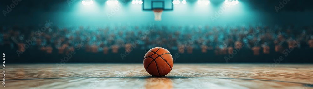 Obraz premium A basketball on the court under bright stadium lights.