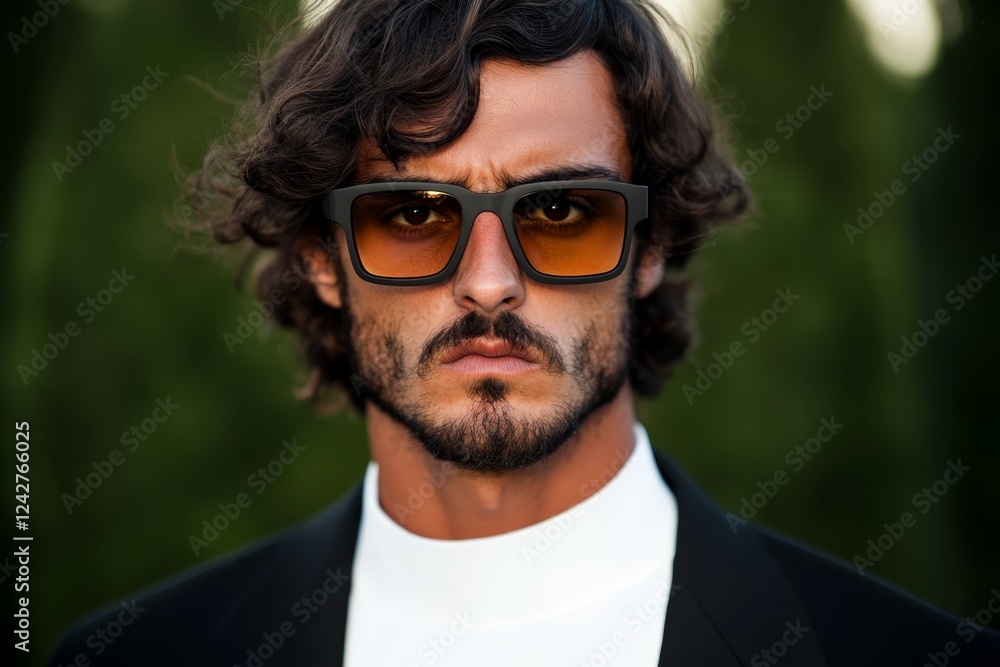 Stylish man in sunglasses poses confidently in a formal outfit amidst lush greenery at sunset