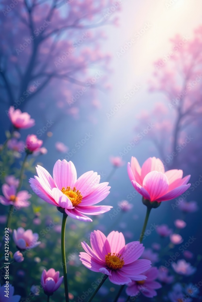 Whimsical flowers bloom in a dreamy garden amidst soft pink purple blue and white hues, abstract, nature, purple