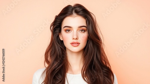 Wallpaper Mural Portrait of a Young Woman with Long Brown Hair Against a Peach Background Torontodigital.ca