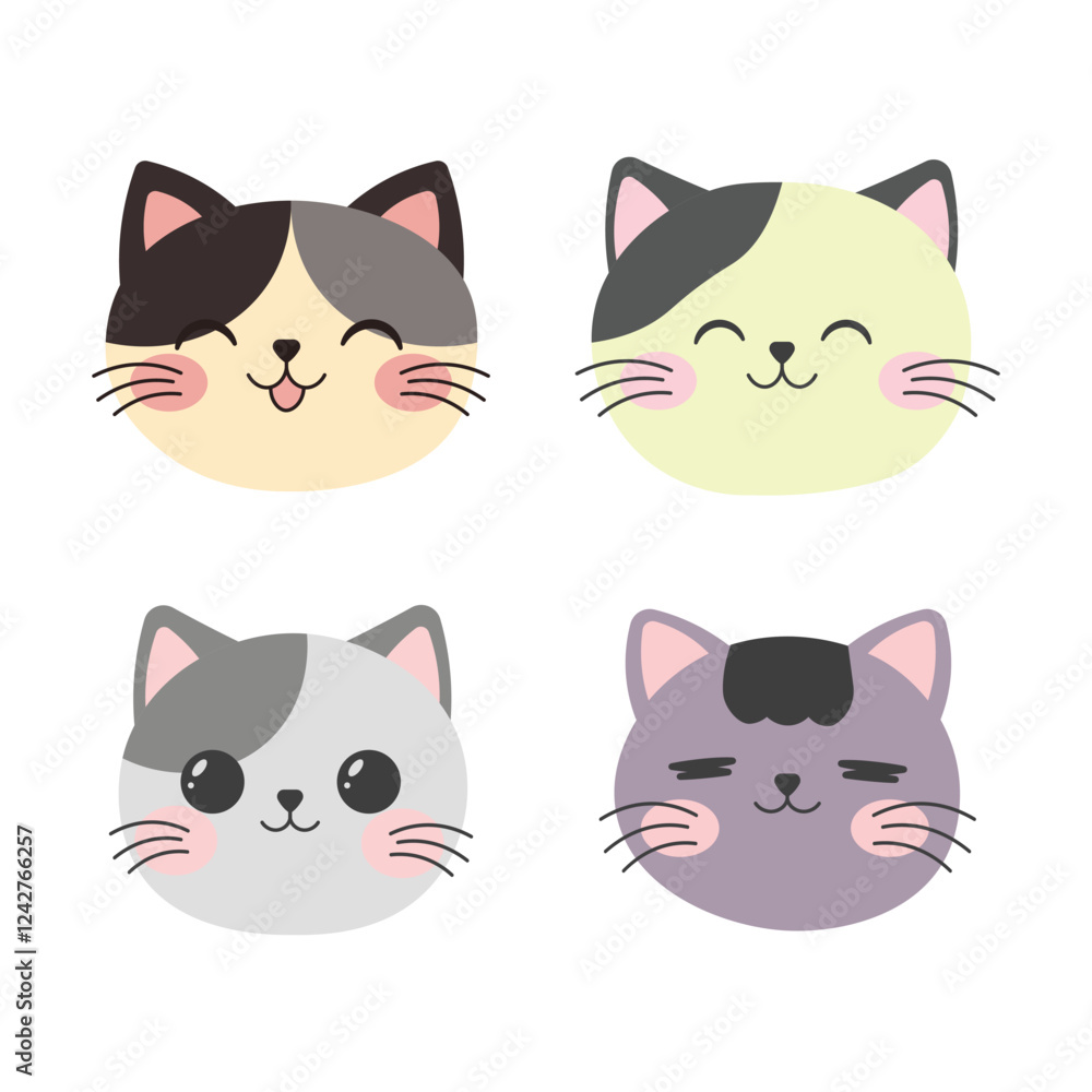 Set of Adorable Cat Kitten Head Mascot Cartoon Character with Happy Expression Set of Adorable Cat Kitten Head Mascot Cartoon Character with Happy Expression
