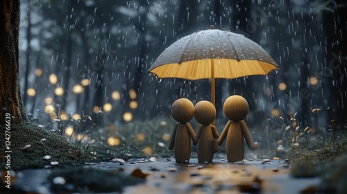 Wallpaper Mural Rainy Day Shelter: Three Wooden Figures Under an Illuminated Umbrella in a Mystical Forest Torontodigital.ca