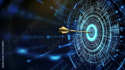 Digital illustration of an arrow hitting the bullseye on a virtual dartboard, symbolizing business strategic goals, collaboration, and effective planning for success
