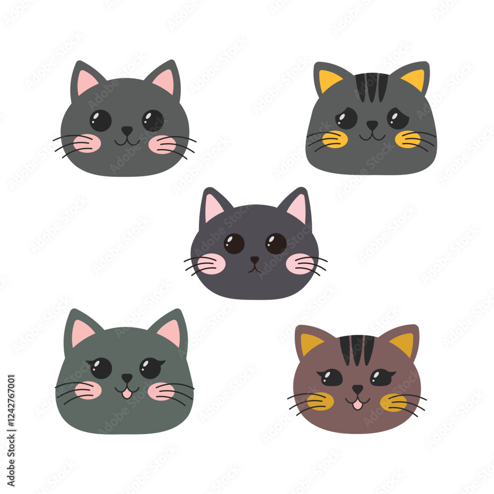 Set of Adorable Cat Kitten Head Mascot Cartoon Character with Happy Expression Set of Adorable Cat Kitten Head Mascot Cartoon Character with Happy Expression