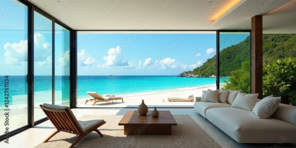 Fototapeta premium Oceanfront Living Room with Expansive Glass Walls and Beach View