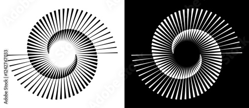 Spiral with lines as dynamic abstract vector background or logo or icon. Black spiral on white background and white spiral on black background.