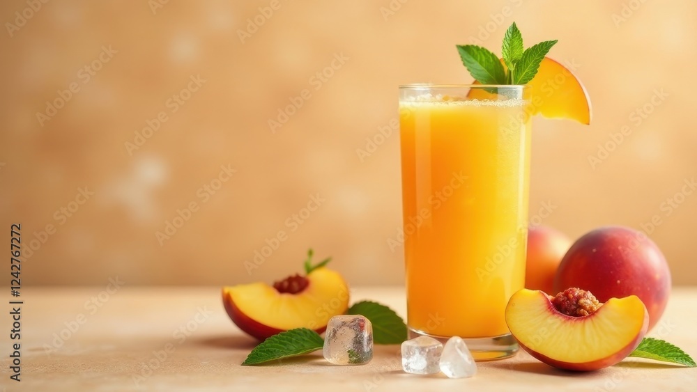 Refreshing Peach Juice with Ice Cubes and Mint Garnish in Tall Glass Refreshing Peach Juice with Ice Cubes and Mint Garnish in Tall Glass