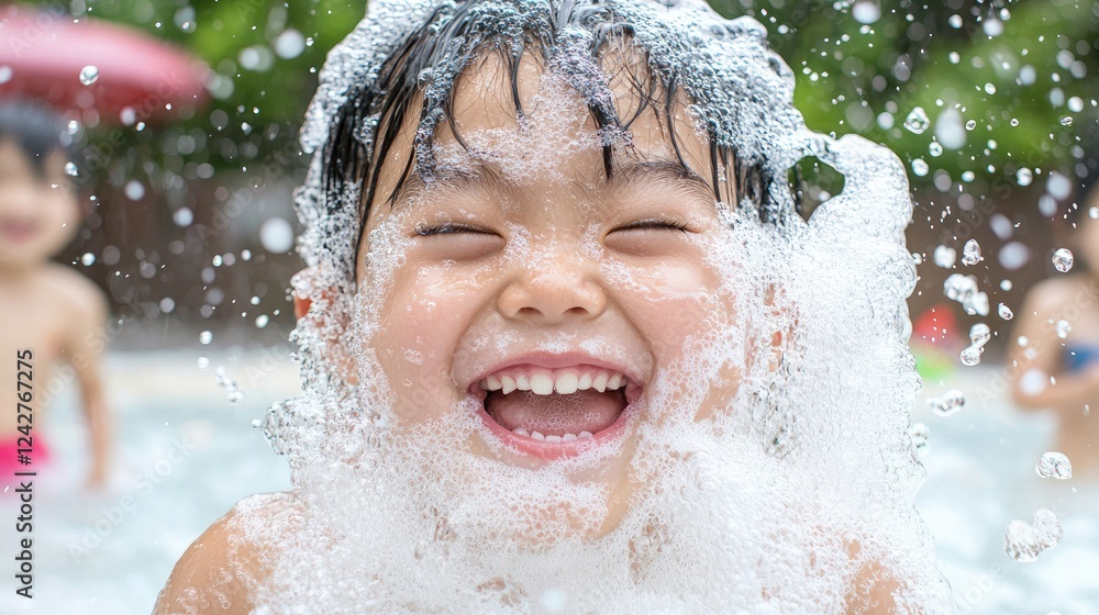 Happy child playing in pool water bubbles, summer fun Happy child playing in pool water bubbles, summer fun
