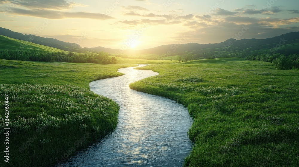 Fototapeta premium Serene Winding River Flowing Through Lush Green Landscape at Sunrise with Soft Clouds and Gentle Light Reflecting on Water Surface
