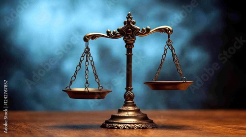 Antique golden justice scales on wooden table, dramatic blue background, legal concept, suitable for law firm, courtroom, or educational materials photo