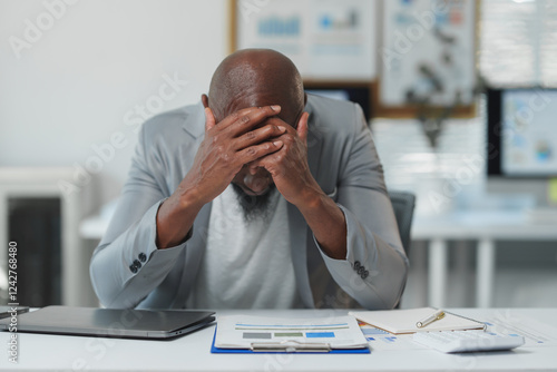 Fotografía Businessman sitting at a desk, overwhelmed with stress, holding his head in frustration