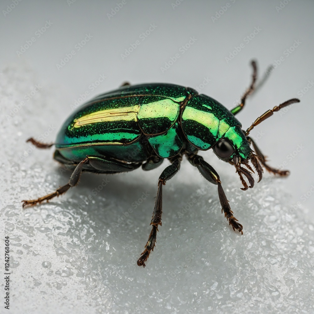 A glowing green beetle with iridescent wings, crawling on a white surface. A glowing green beetle with iridescent wings, crawling on a white surface.