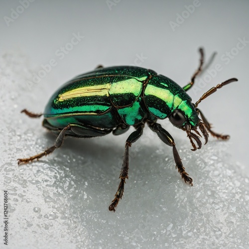 Wallpaper Mural A glowing green beetle with iridescent wings, crawling on a white surface. Torontodigital.ca