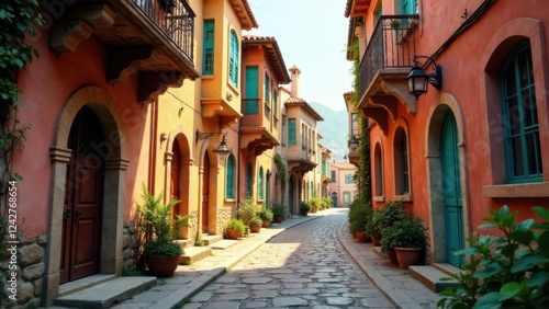 Wallpaper Mural Sun-drenched cobblestone street lined with charming terracotta buildings featuring arched doorways, vibrant teal shutters, and quaint balconies, creating a picturesque European-style village scene. Torontodigital.ca