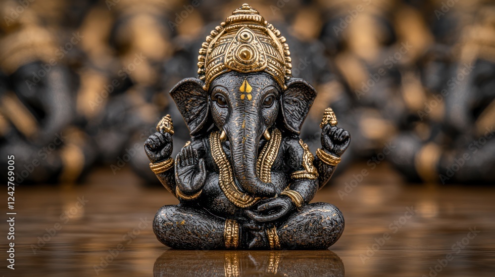 Fototapeta premium Ganesha Statues in Sitting Pose with Gold-Plated Hands and Arms, Featuring Beautiful Aig Embellishments
