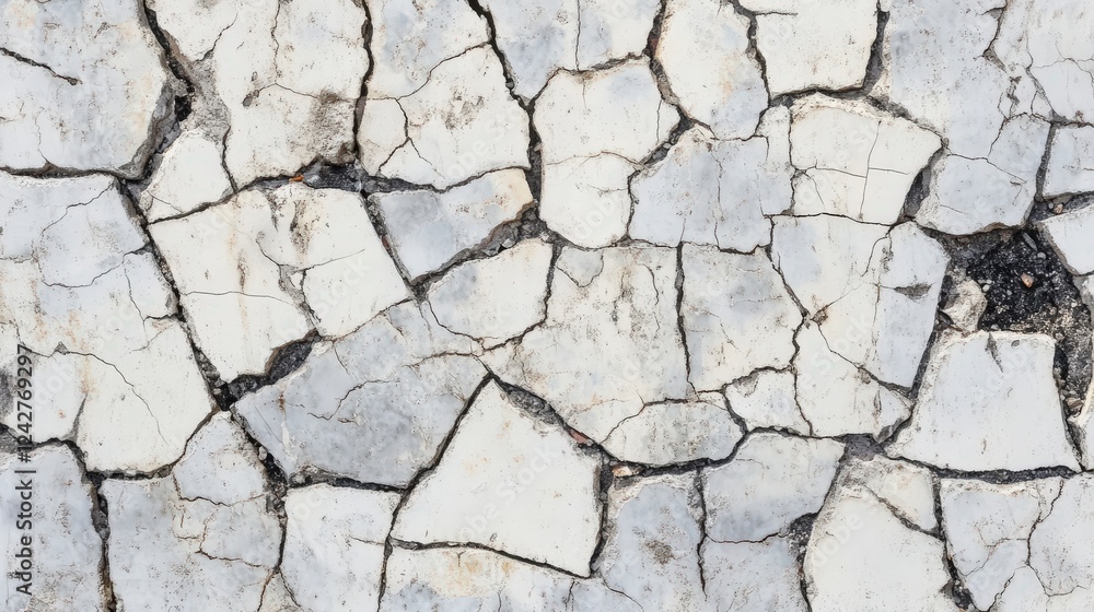 Fototapeta premium Detailed View of Cracked Concrete Pavement, Showing the Effects of Time and Weathering. A Grunge Texture Background of an Aged Urban Concrete Surface.