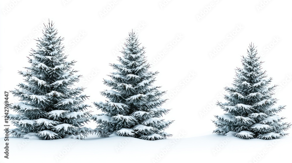 Obraz premium Snow-covered pines, winter scene, isolated, white background, holiday card