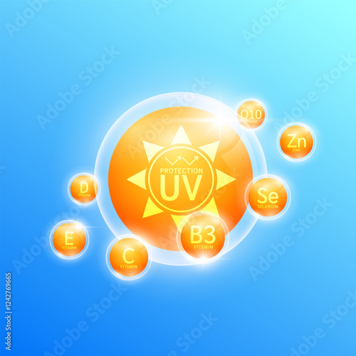 UV protection and yellow sun in ball surrounded by orange vitamins coenzyme Q10 and minerals. Protects against UVA, UVB, sunlight and ultraviolet attacks. For design cosmetic products ads. Vector.