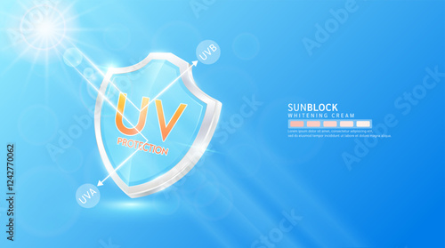 UV protection. Glass shield transparent and arrow reflects light UVA UVB. Protects against sunlight ultraviolet attacks. For design cream skin care sunscreen cosmetic products ads. Banner vector.