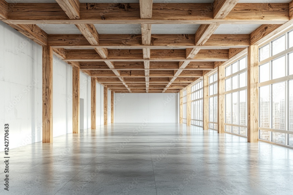 A wide-angle view of an empty, minimalist interior with wooden beams on the ceiling and concrete floors. The walls have white panels, creating a contrast against the natural wood elements. A wide-angle view of an empty, minimalist interior with wooden beams on the ceiling and concrete floors. The walls have white panels, creating a contrast against the natural wood elements.