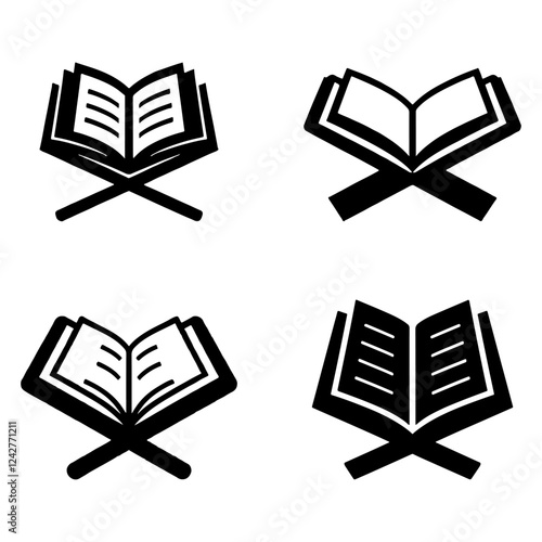 Four black vector Quran icons, open holy book of Islam on a Rehal stand, isolated on white background.