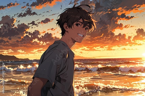 A cheerful young man enjoys the serene beauty of a seaside sunset with gentle waves crashing.