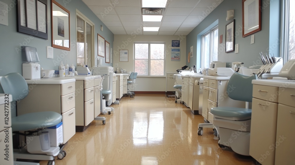 Dental office with digital Xray equipment sterilized treatment instruments and medicine trays neatly organized on carts ready for a procedure Dental office with digital Xray equipment sterilized treatment instruments and medicine trays neatly organized on carts ready for a procedure