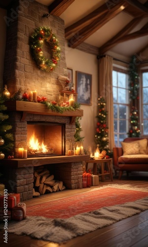 Wallpaper Mural Warm and cozy interior of a Christmas house with a fireplace and festive decorations, warm lighting, decorated mantel Torontodigital.ca