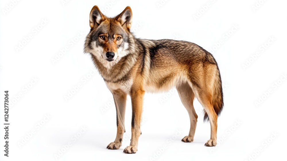 Fototapeta premium Realistic Portrait of a Standing Wolf Against White Background