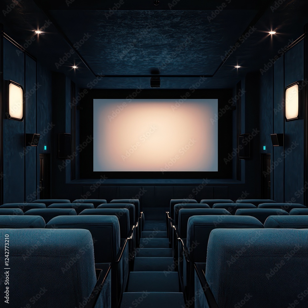 A minimalist 3D cinema interior features a softly glowing large screen, surrounded by dark, shadowy upholstered seating. A minimalist 3D cinema interior features a softly glowing large screen, surrounded by dark, shadowy upholstered seating.