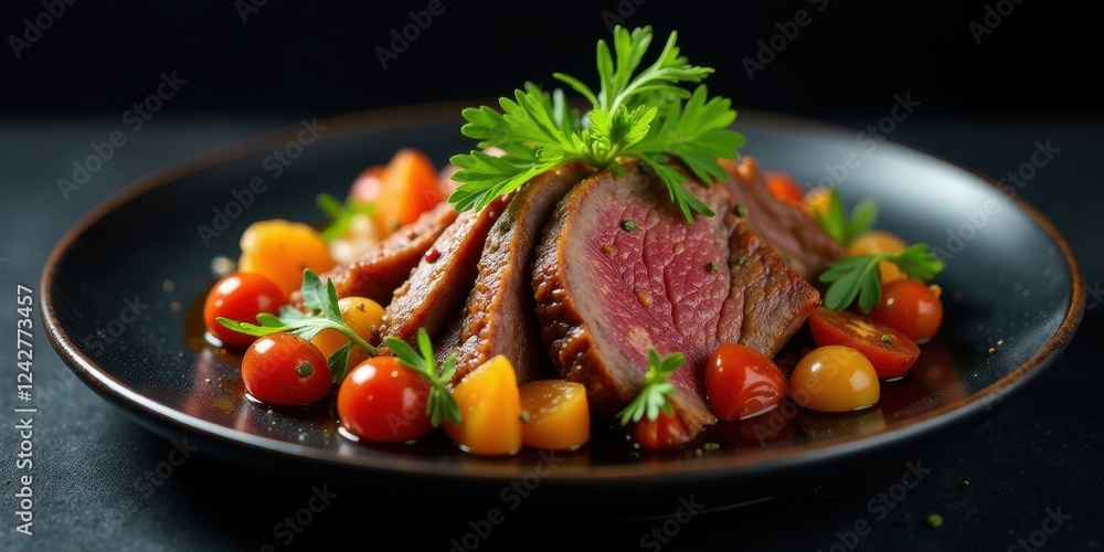 Delicious Sliced Roast with Roasted Cherry Tomatoes and Herbs on a Dark Plate Delicious Sliced Roast with Roasted Cherry Tomatoes and Herbs on a Dark Plate