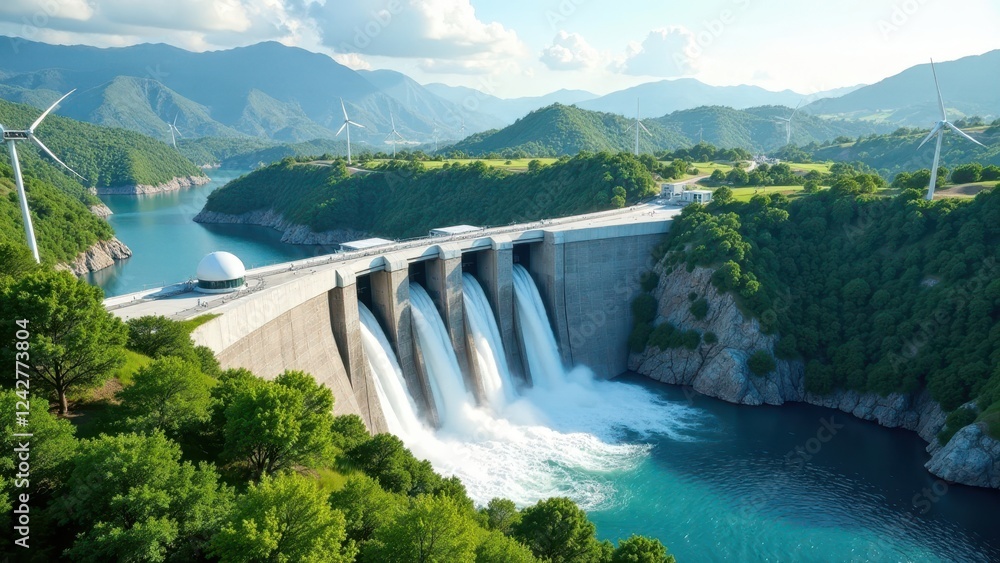 Majestic Hydroelectric Dam and Wind Turbines A Symbiotic Energy Landscape of Sustainable Power Generation in a Picturesque Mountain Setting Majestic Hydroelectric Dam and Wind Turbines A Symbiotic Energy Landscape of Sustainable Power Generation in a Picturesque Mountain Setting