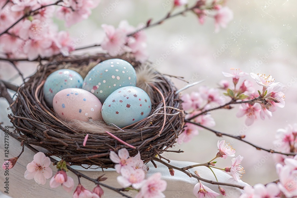 Easter Eggs Nest with Blossoming Pink Flowers Easter Eggs Nest with Blossoming Pink Flowers