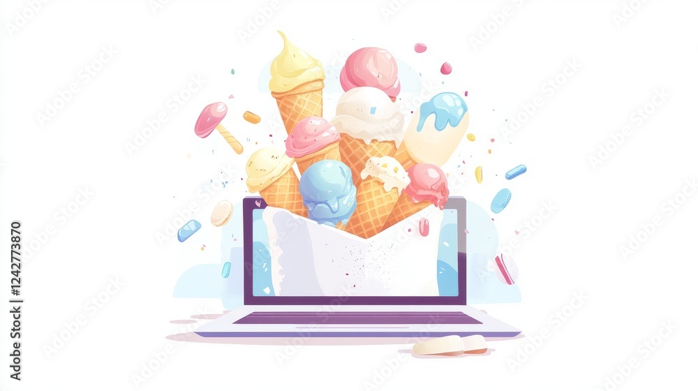 Obraz premium Bright hand-drawn cartoon laptop bursting with colorful ice cream cones, representing online ordering and fun food themes