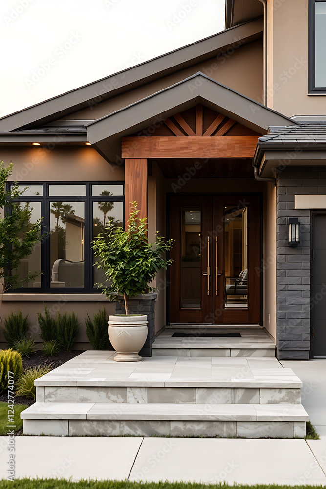 Obraz premium Modern Luxury House Exterior: Stunning Architecture and Landscaping Design. View the contemporary home's entrance, showcasing elegant stone steps, a wooden door, and beautiful landscaping.