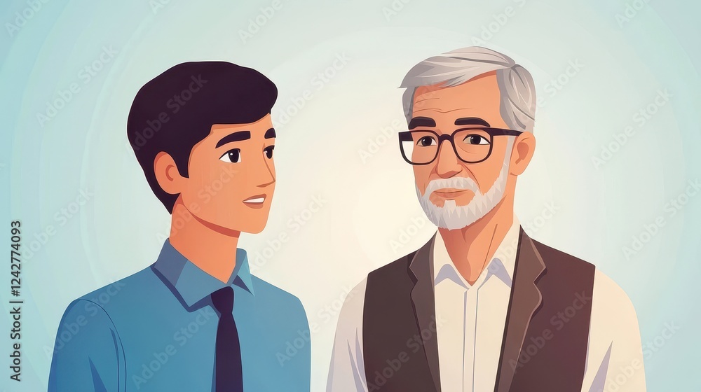 Young Man and Older Man Engaging in Conversation Young Man and Older Man Engaging in Conversation