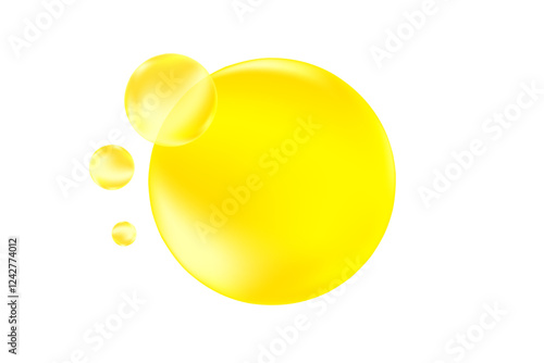 Cute glowing lemon yellow liquid bubbles or fluid jelly droplets isolated on transparent background. Cute honey, acid neon yellow presentation, beauty serum, cosmetology science, molecular concept