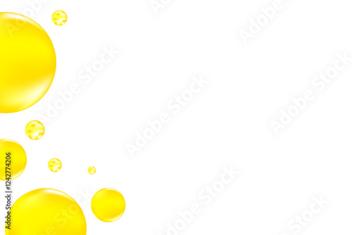 Cute glowing lemon yellow liquid bubbles or fluid jelly droplets isolated on transparent background. Cute honey, acid neon yellow presentation, beauty serum, cosmetology science, molecular concept