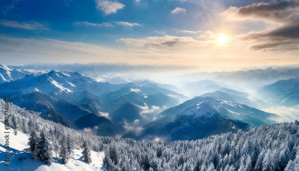 Spatial flight over snow-covered mountain tops, coniferous snow-covered forests visible, light haze of clouds, rising sun and distant horizon, atmosphere of serenity and lightness Spatial flight over snow-covered mountain tops, coniferous snow-covered forests visible, light haze of clouds, rising sun and distant horizon, atmosphere of serenity and lightness