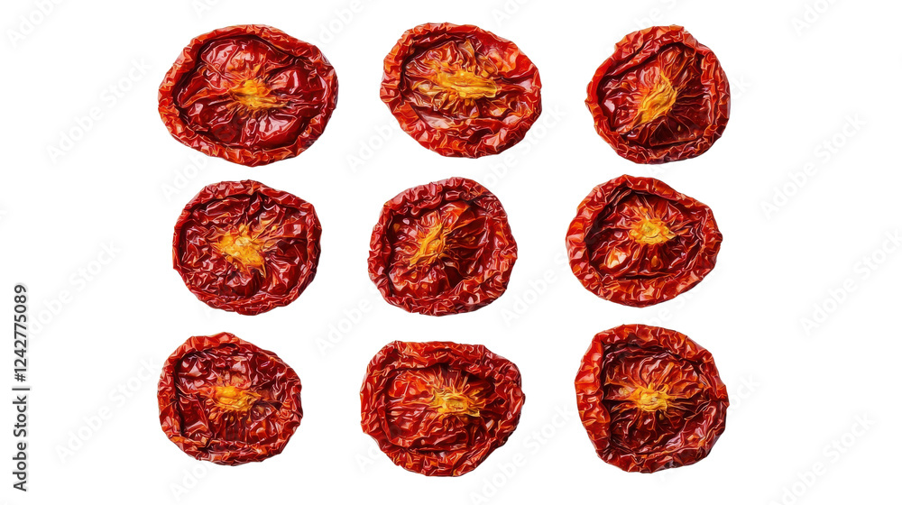 Fototapeta premium Aesthetic arrangement of dried tomatoes showcasing vibrant colors and textures.
