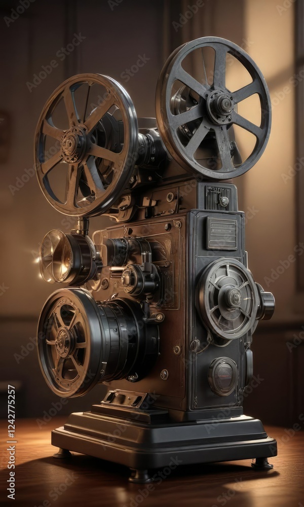 Obraz premium Vintage film projector with warm spotlight showcasing old movie reel, spotlight, retro, cinematic