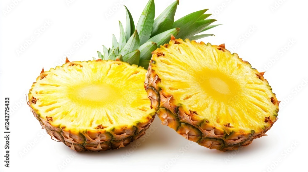 Fresh Pineapple Halves on a White Background with Green Leaves Fresh Pineapple Halves on a White Background with Green Leaves