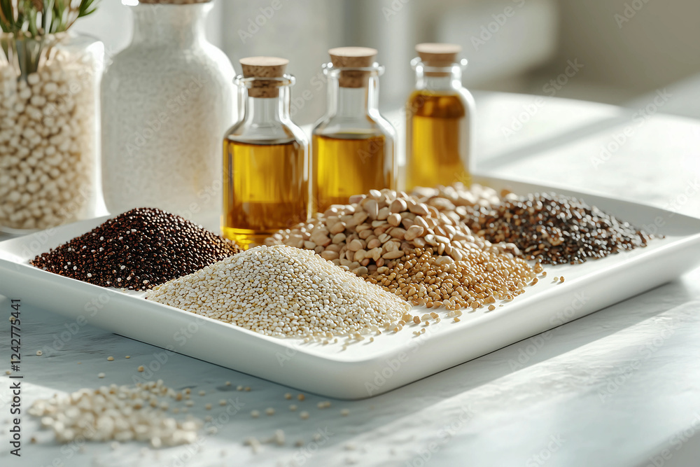 Various seeds and oils arranged on a light marble surface in a sunny kitchen setting Various seeds and oils arranged on a light marble surface in a sunny kitchen setting