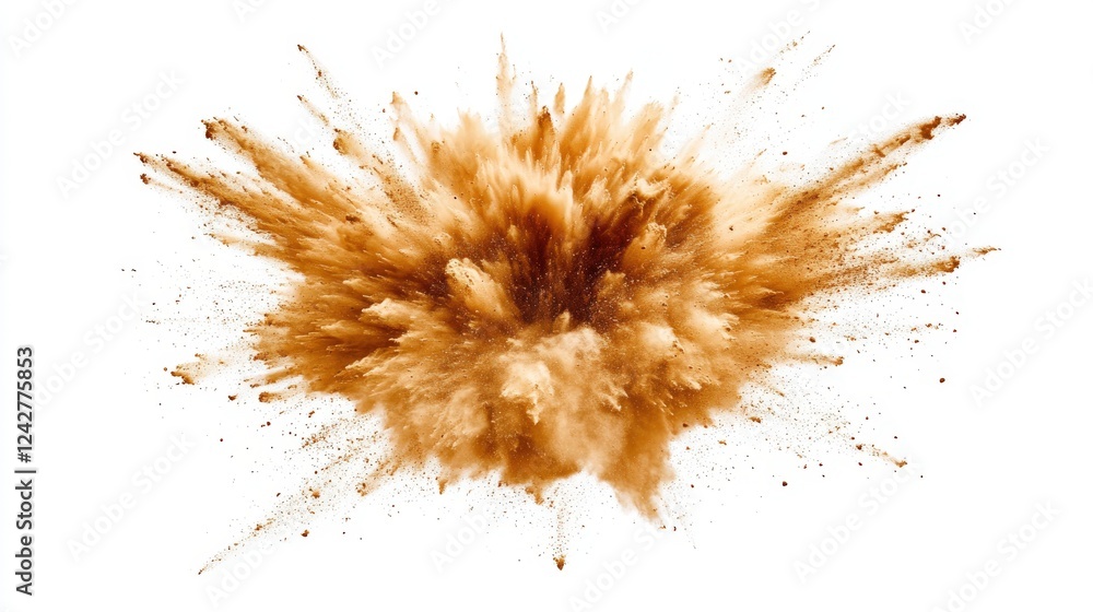 Brown Powder Explosion Against White Background Creating a Chaotic Scene with Cloud of Dust and Particles Rising Into the Air Brown Powder Explosion Against White Background Creating a Chaotic Scene with Cloud of Dust and Particles Rising Into the Air