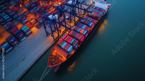 Cargo ship docked at illuminated shipping port.